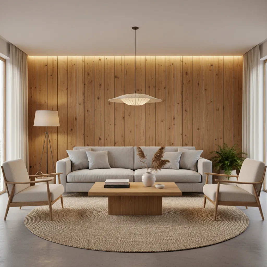 pared focal de madera detrás de un sofá en un salón moderno