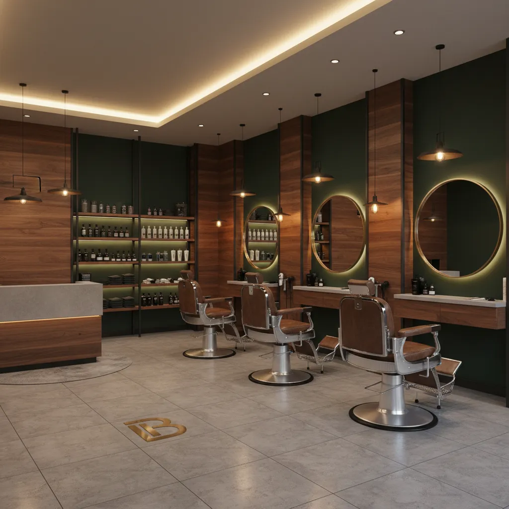 Barbería moderna con combinación de madera y paredes oscuras