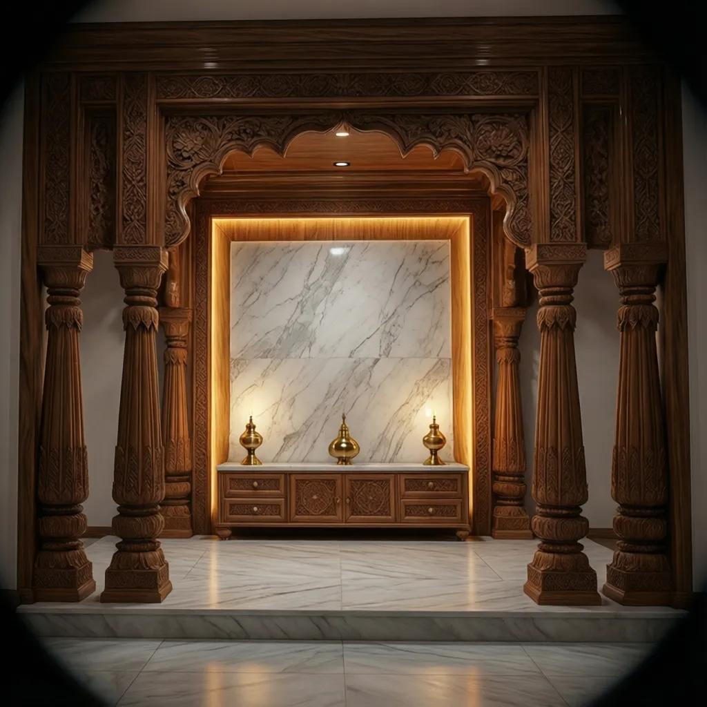 View through carved wooden archway and pillars towards marble wall with cabinet and small lamps