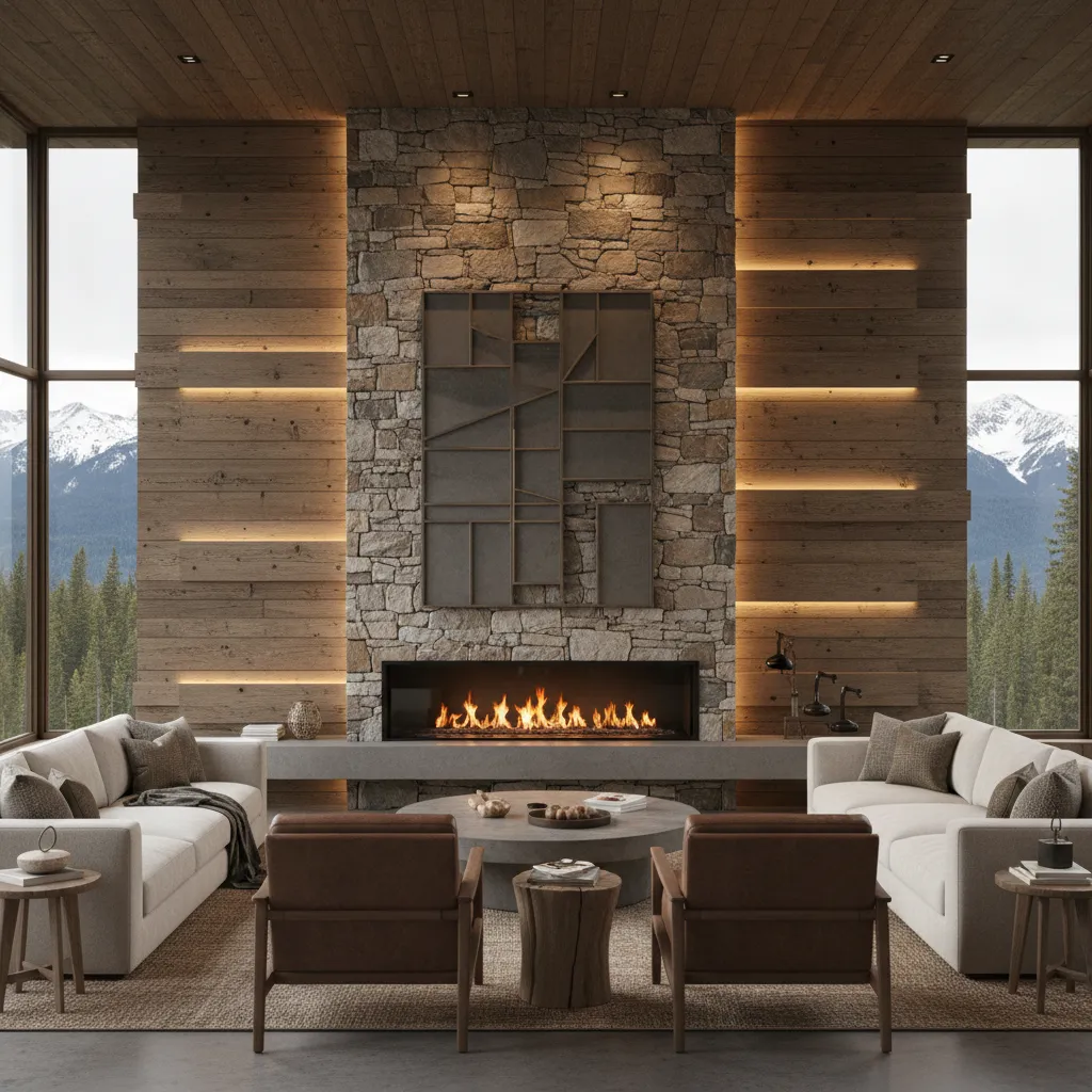 Accent wall combining wood panels and stone texture in mountain style home