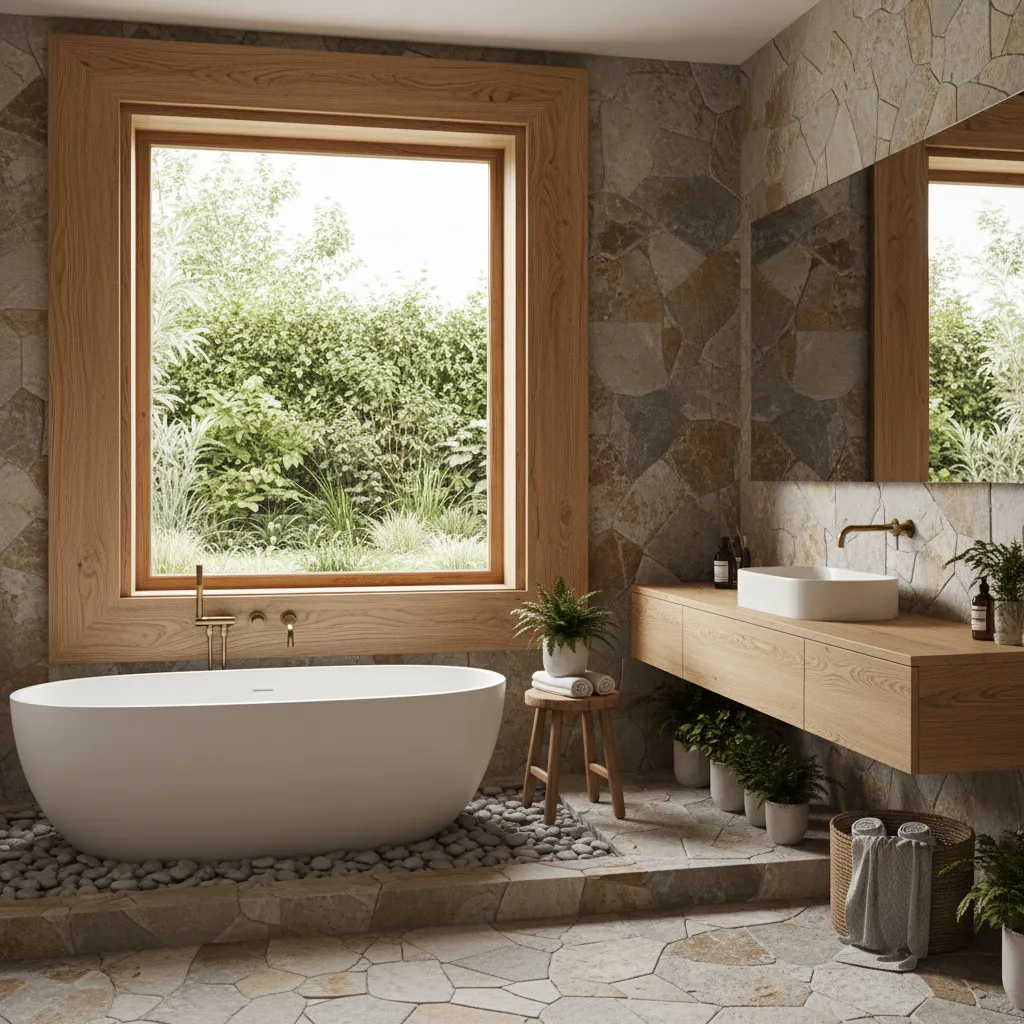 Wood framed bathroom window with warm natural finish