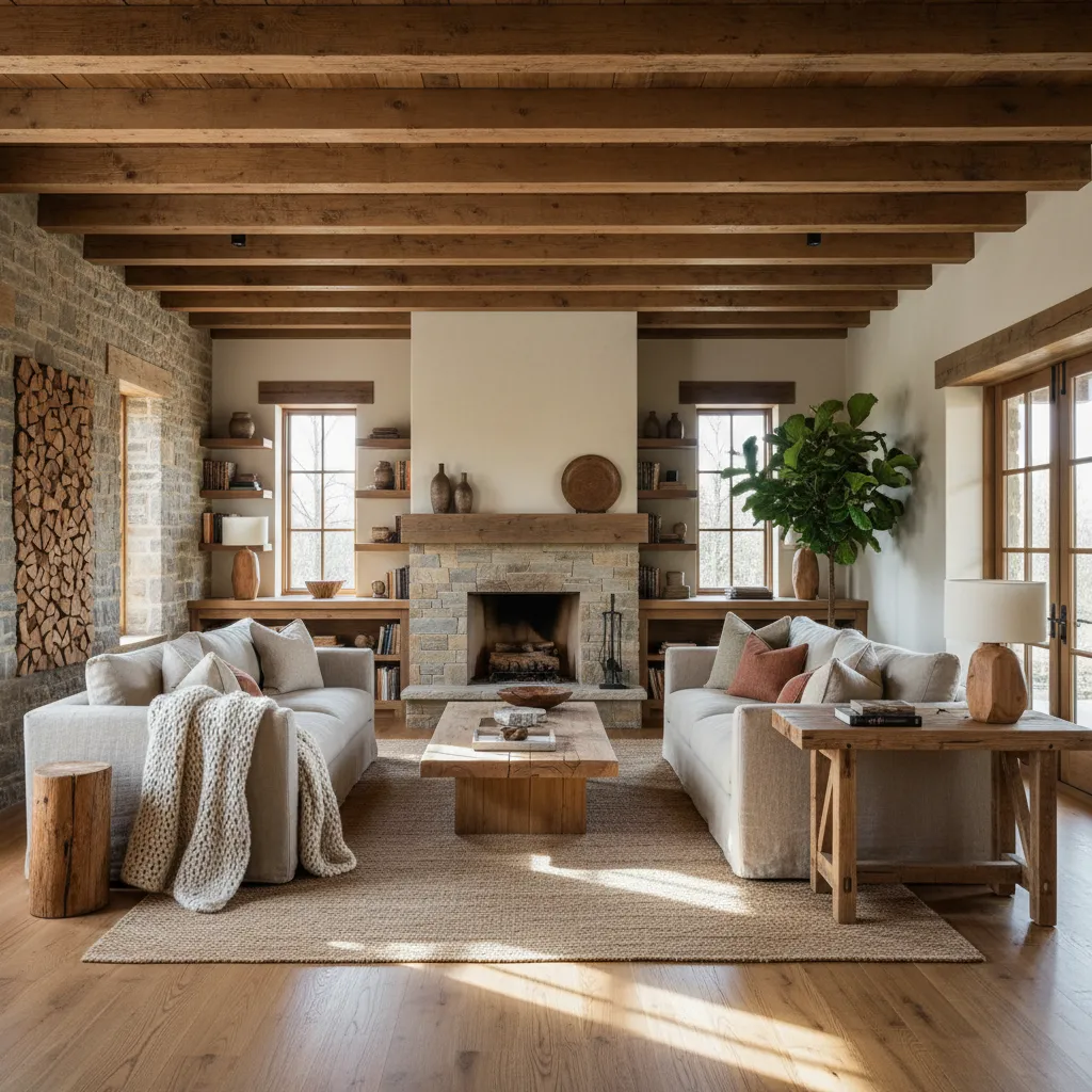 Techo con vigas de madera en salón estilo rústico moderno