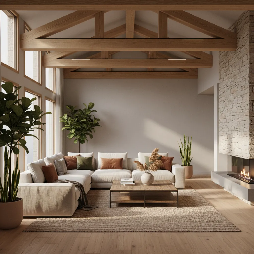 Living room with exposed wood beams on a high ceiling