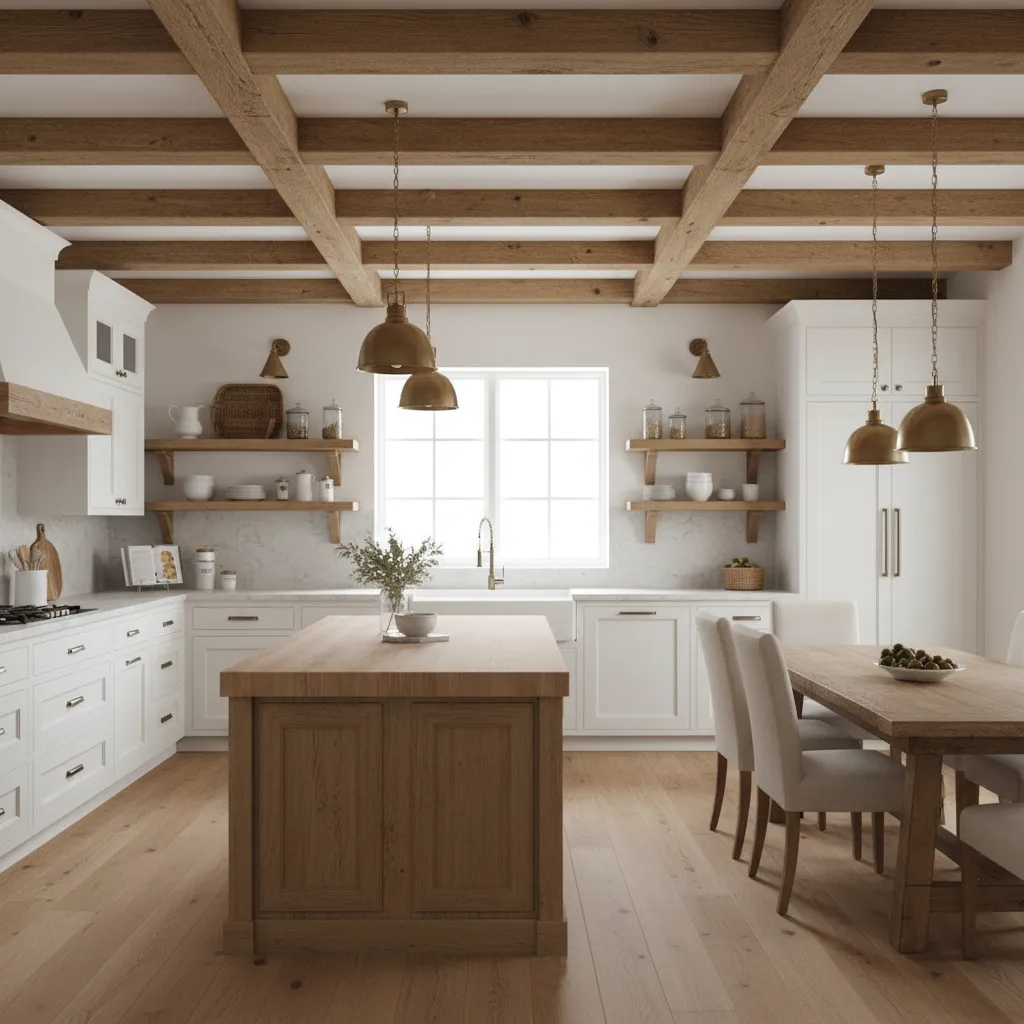 Kitchen ceiling with decorative wooden beams and warm lighting