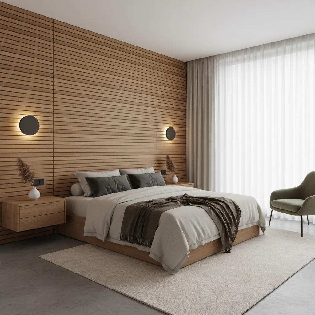Dormitorio moderno con cabecero de madera