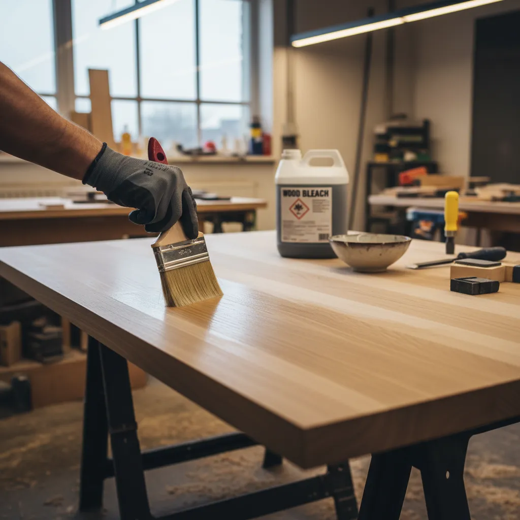 applying wood bleach to lighten stained wooden furniture surface