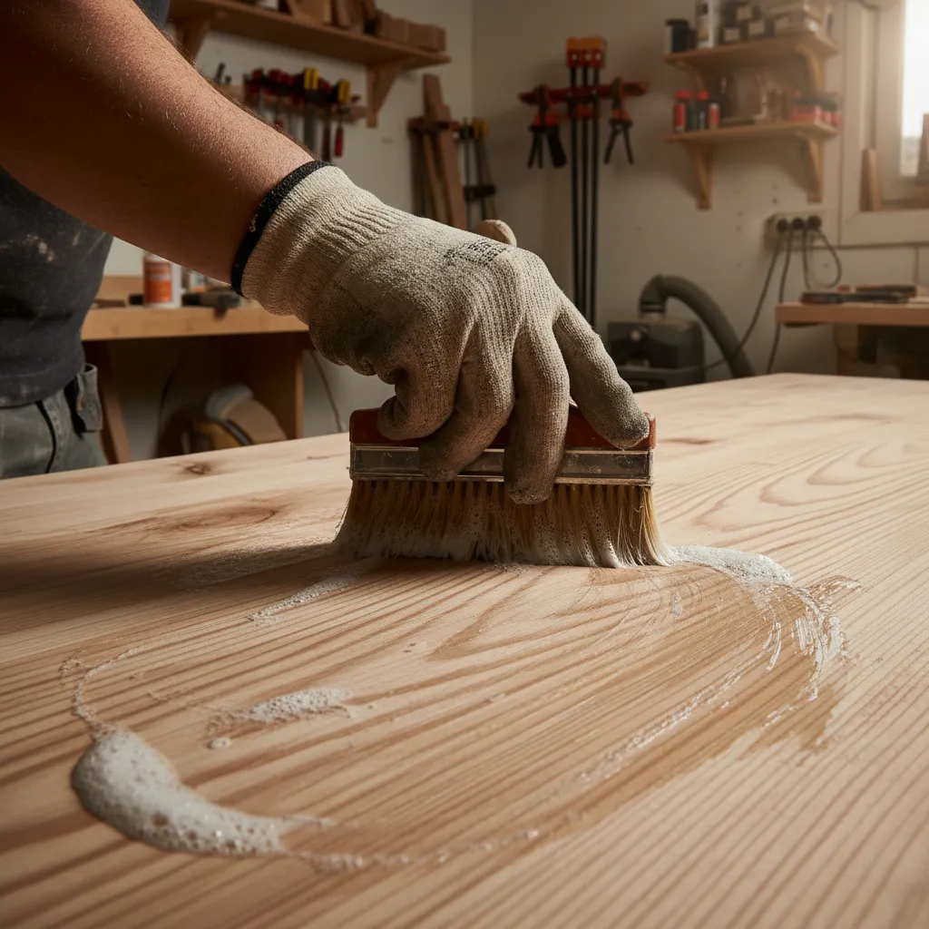 Applying wood bleach solution to a wooden surface using a brush