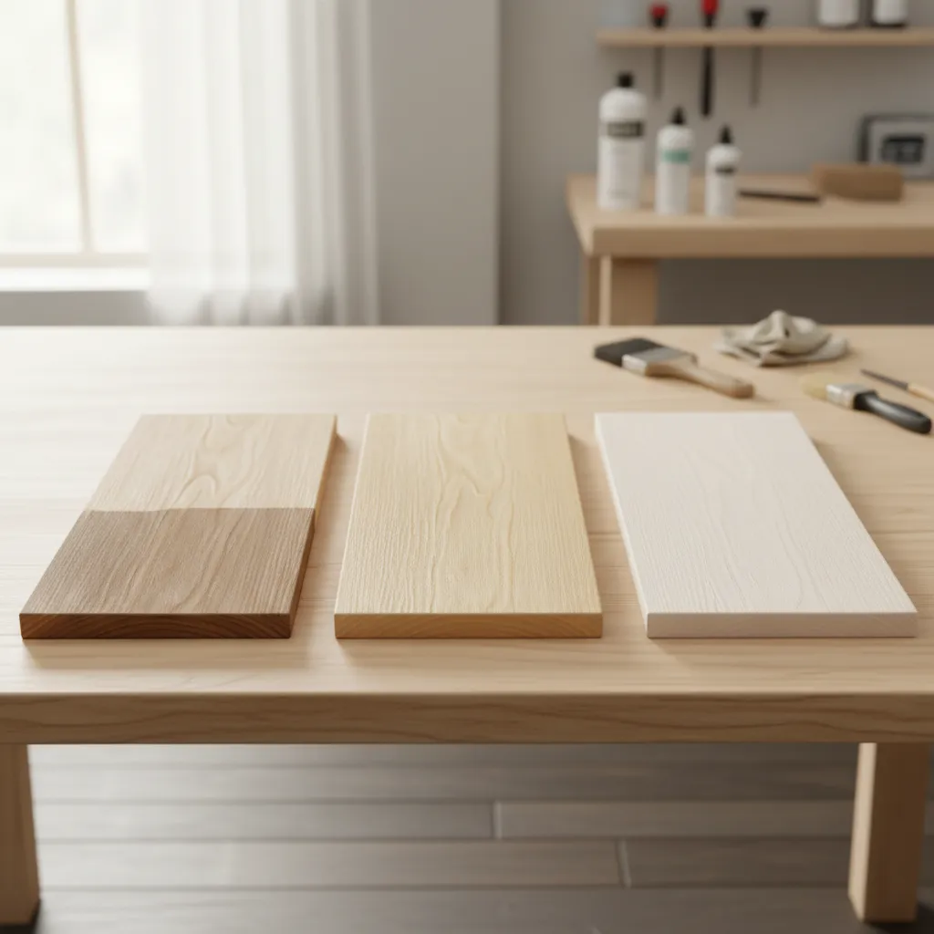 Three wood boards showing results of oxalic acid two part bleach and household bleach
