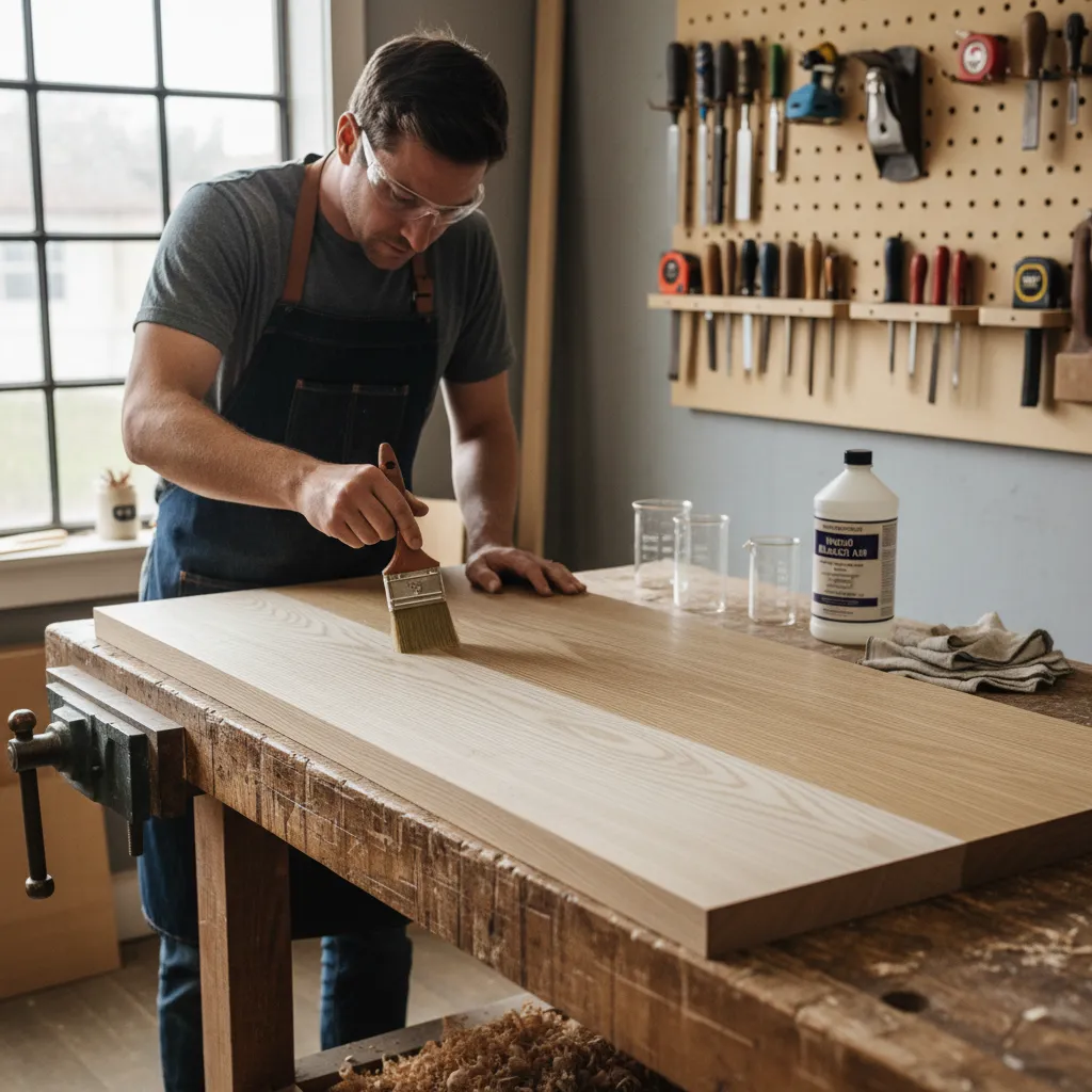 applying wood bleach solution to lighten stained wood board