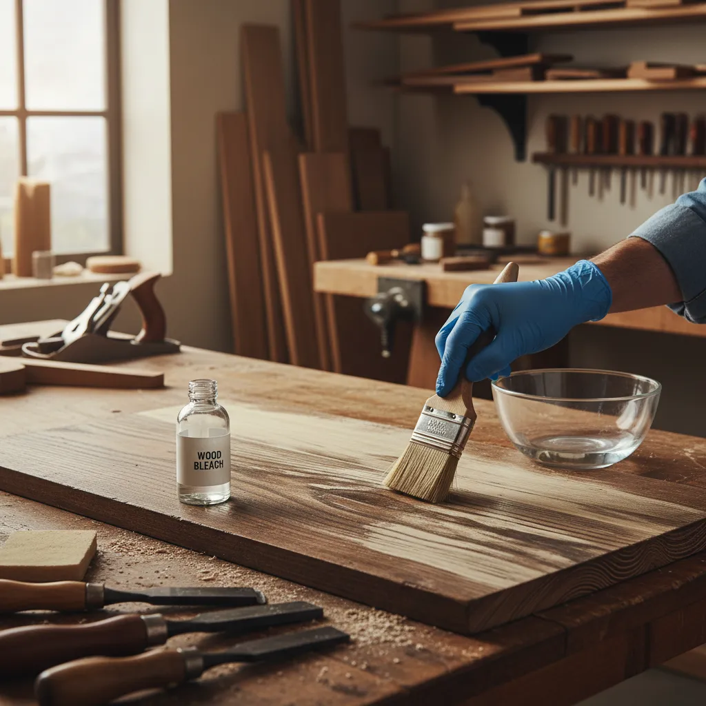 Applying wood bleach solution during furniture restoration process