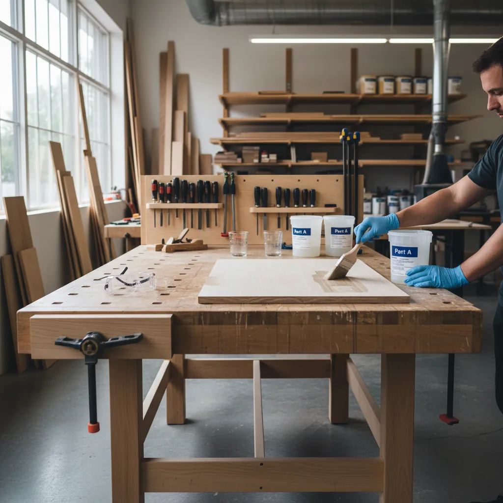 Workbench setup for wood bleaching with brushes gloves and protective equipment