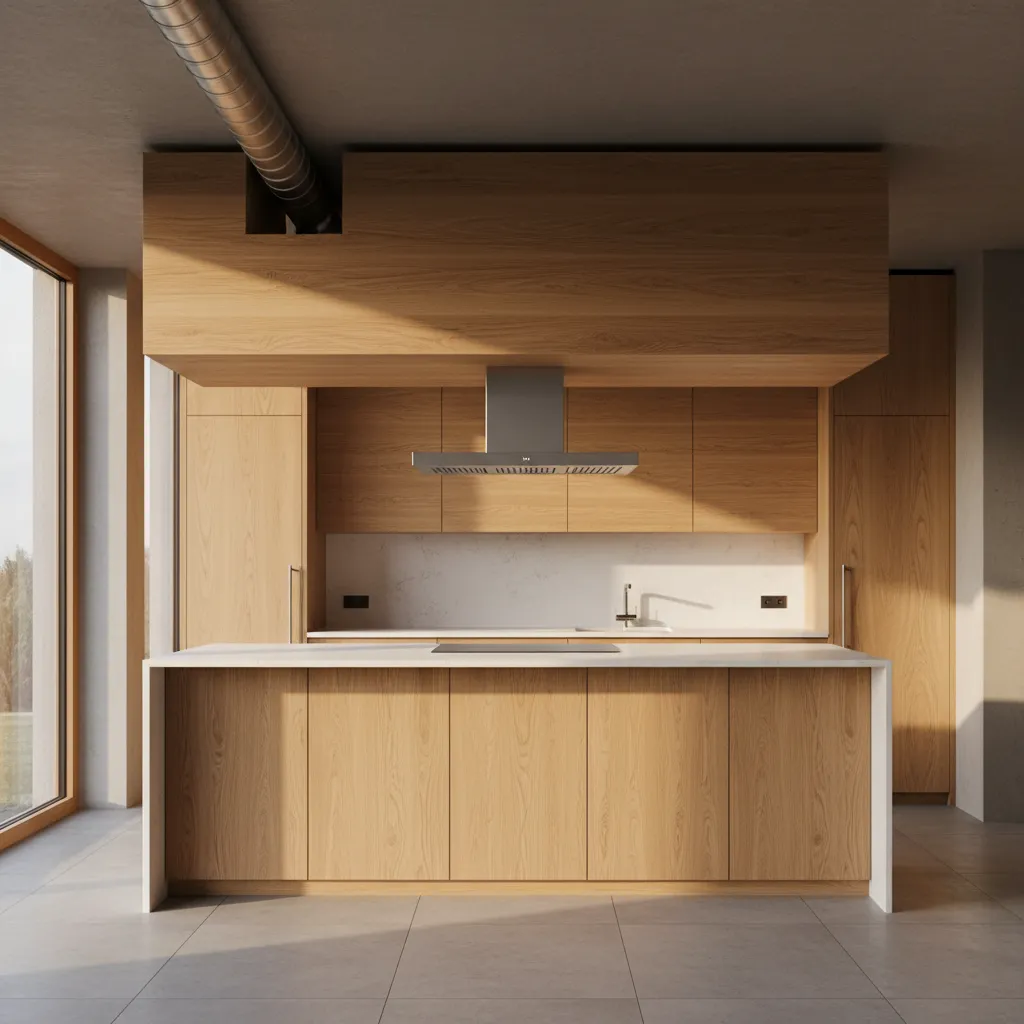 Custom wood box enclosure covering kitchen chimney pipe