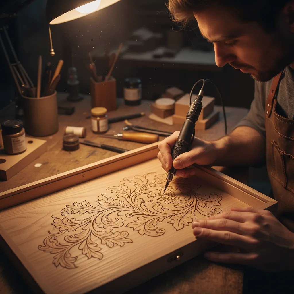 Grabado con pirograbador en la tapa interior de una caja de madera