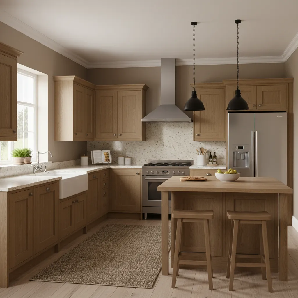 Wood kitchen with island and stools, stainless steel fridge, stove, and two black ceiling lights