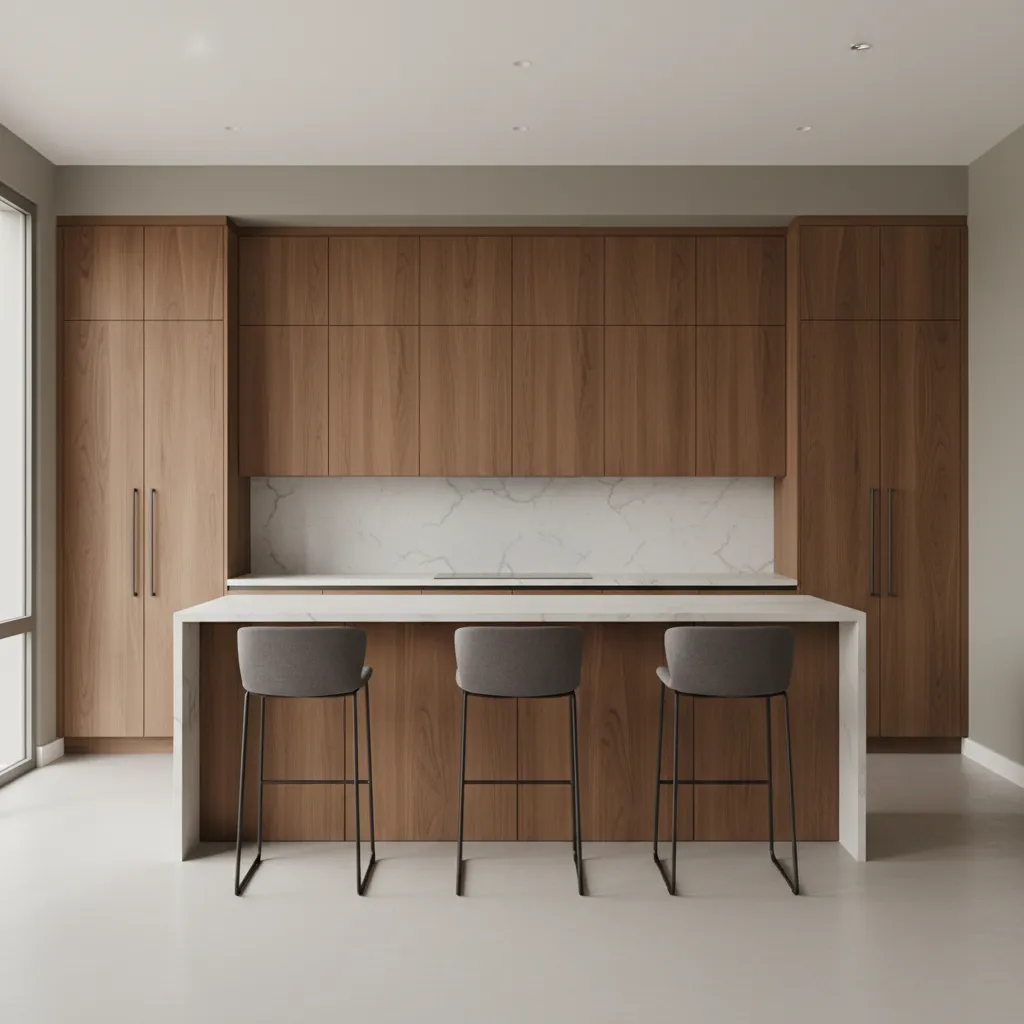 Modern kitchen with walnut cabinets and greige walls