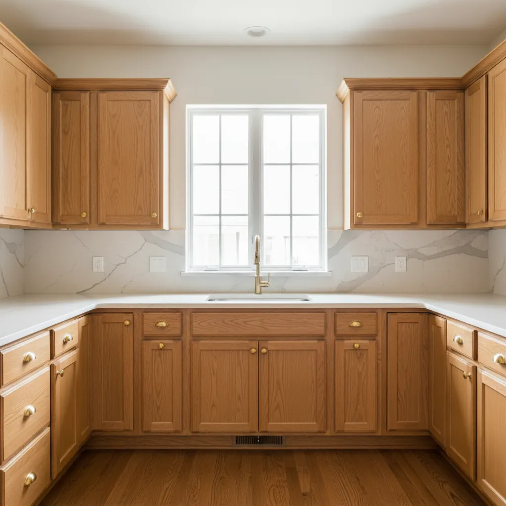 Kitchen with oak cabinets and warm white wall paint