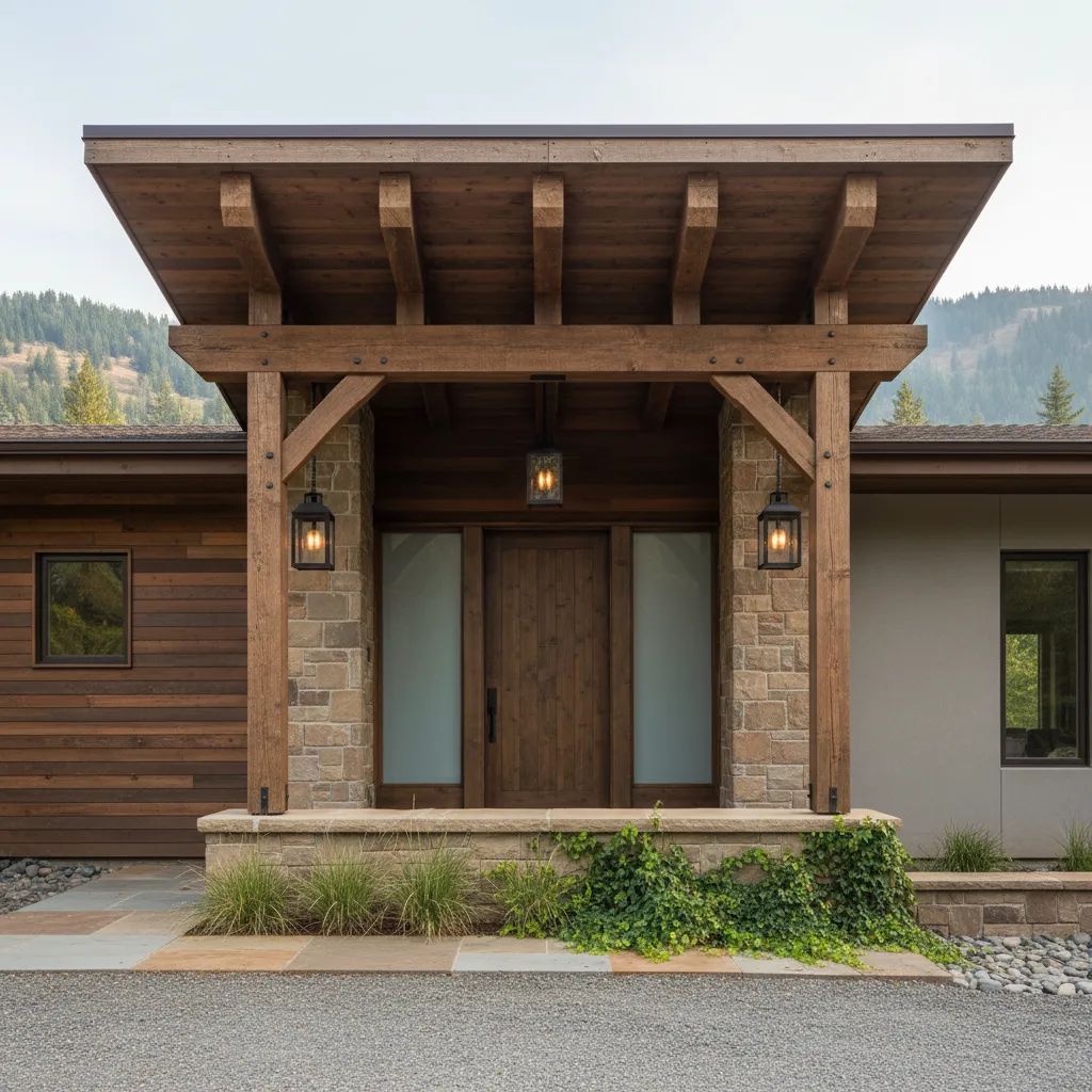 Marquesina de madera en la entrada de una casa de estilo rústico moderno