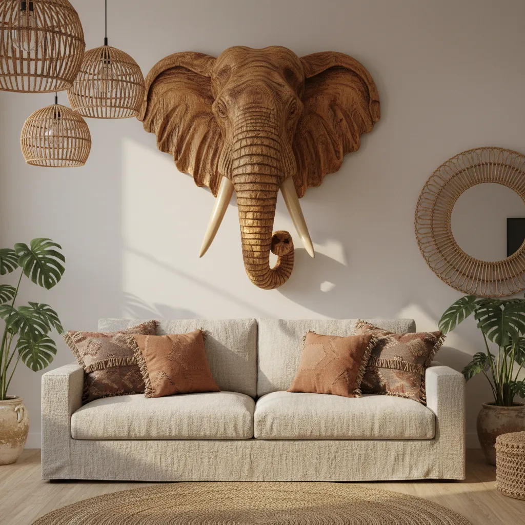 Hand carved wooden elephant head wall decor with natural grain