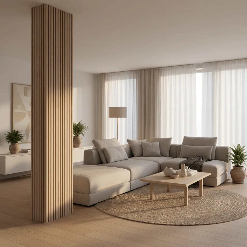 Living room pillar wrapped with vertical wood slats