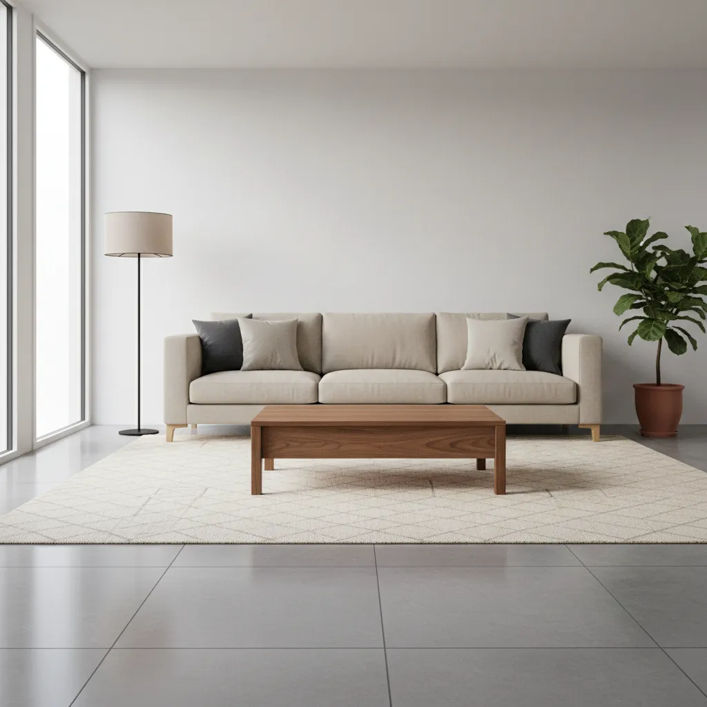 walnut coffee table on grey floor with neutral living room furniture