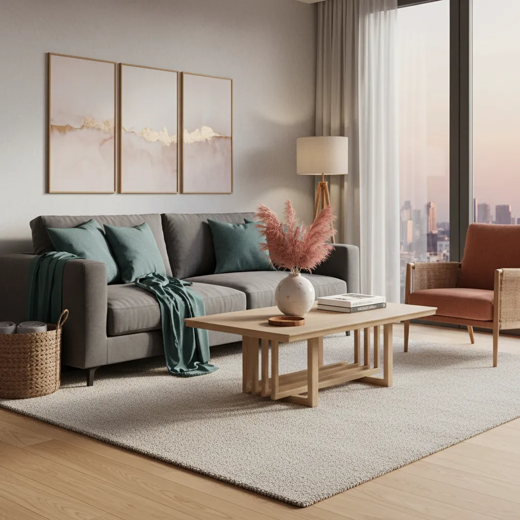 Wood coffee table and neutral furniture in pink teal living room