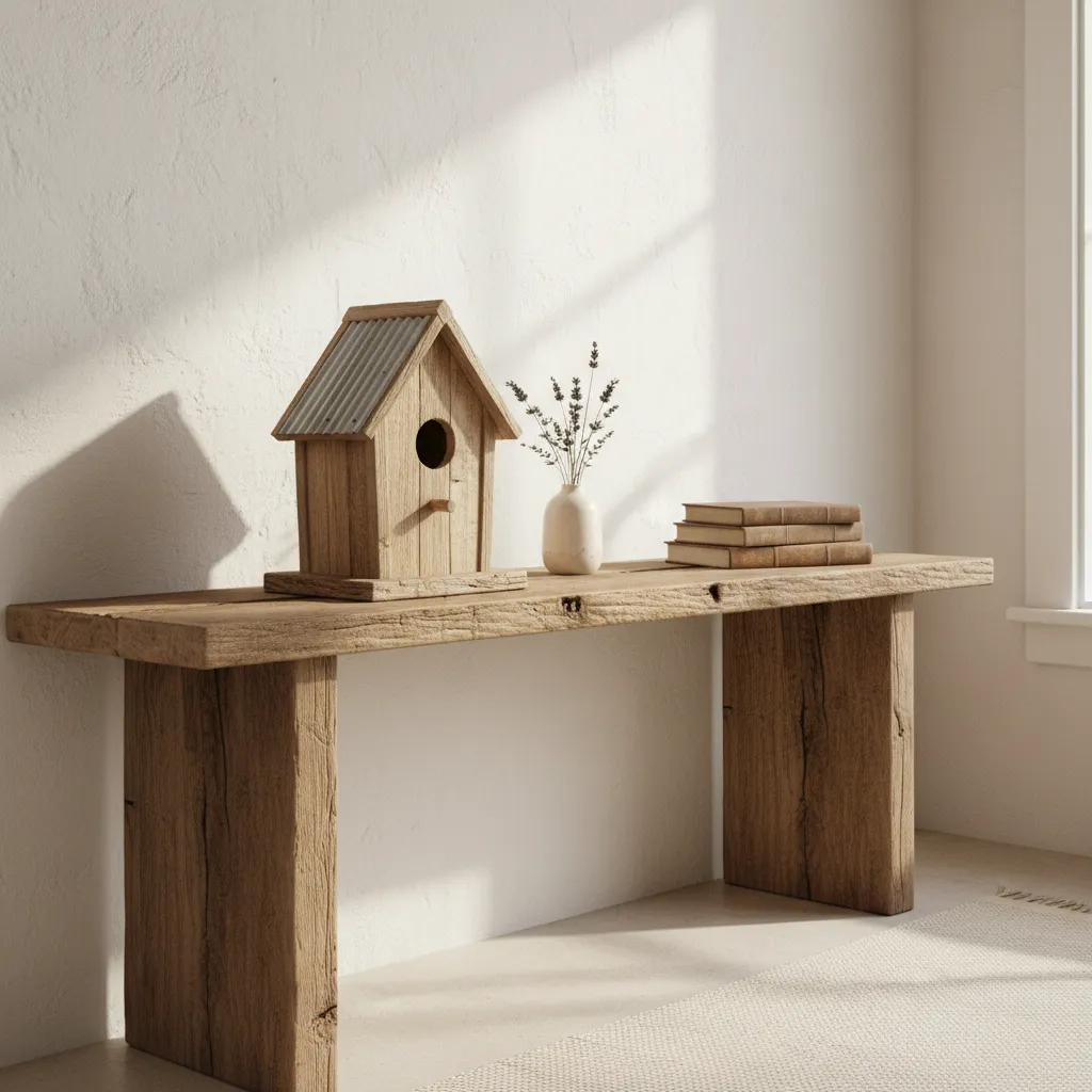 Wood decorative bird house displayed on rustic wooden shelf indoors
