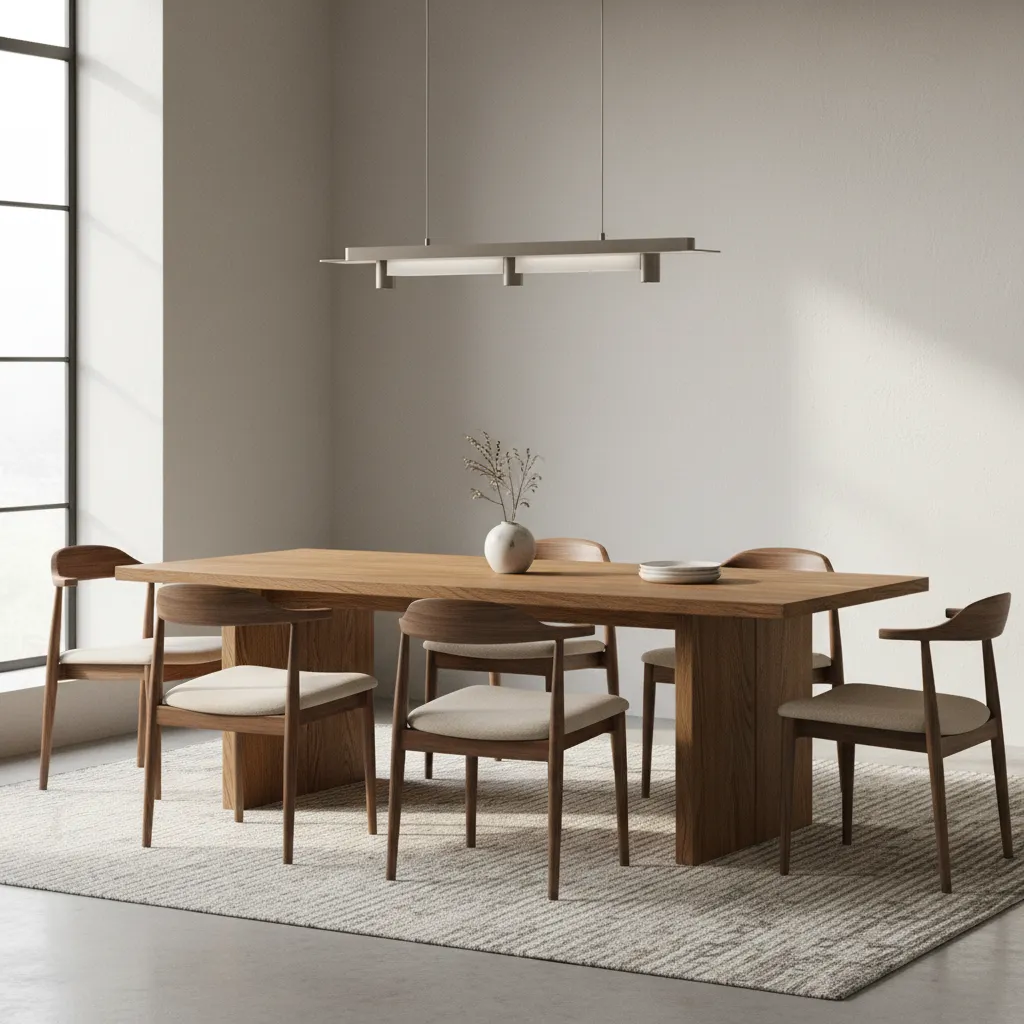 Solid oak dining table surface and chairs in natural light