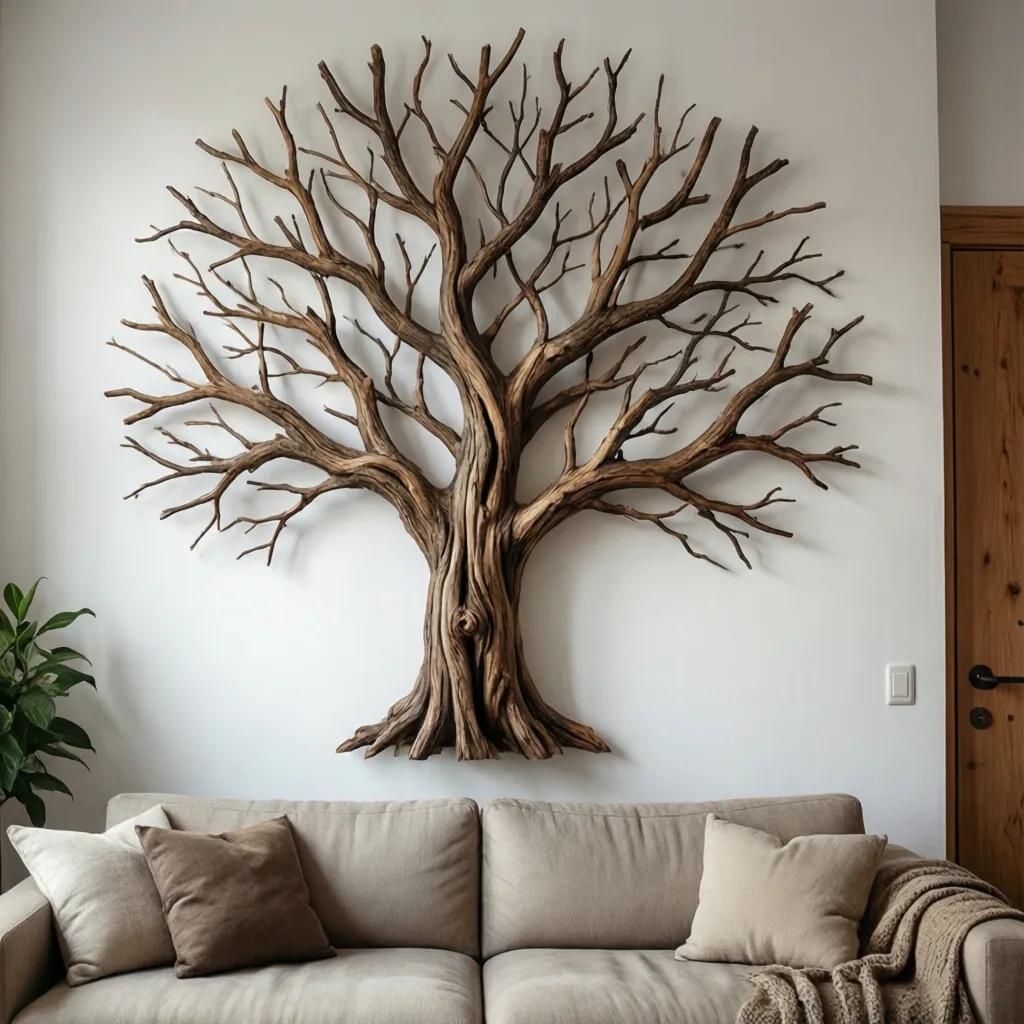DIY wall tree decoration made from wooden branches arranged on a white wall