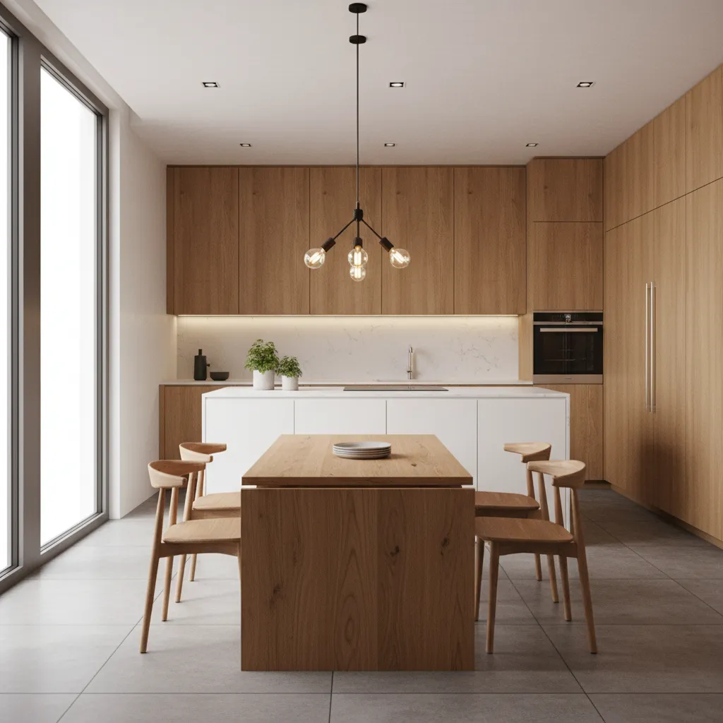 Wood drop leaf dining table styled in a modern kitchen