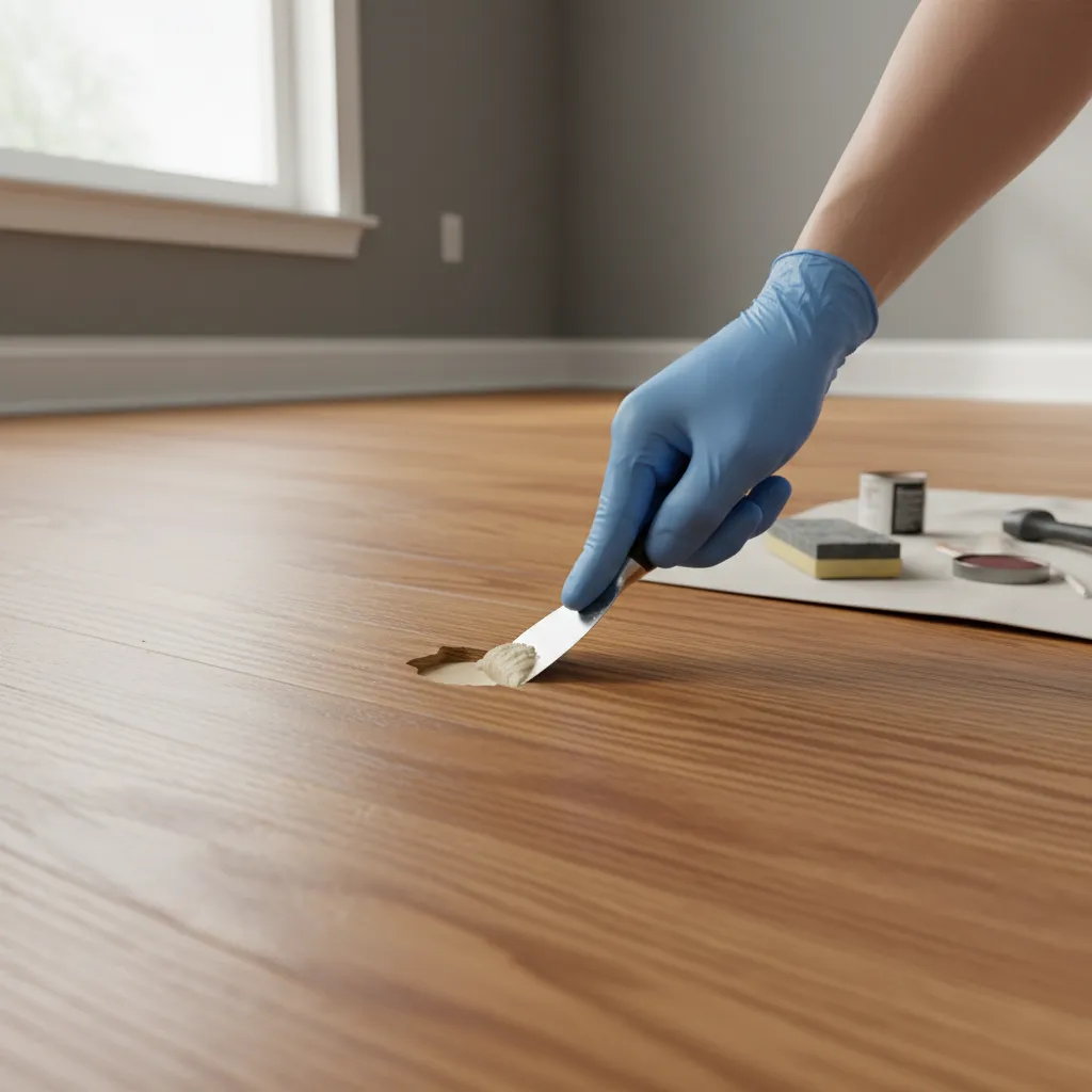 Applying wood filler to repair a hole in hardwood flooring