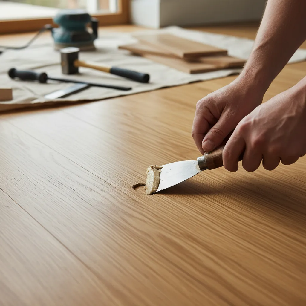 Applying wood filler to a small hole in hardwood flooring