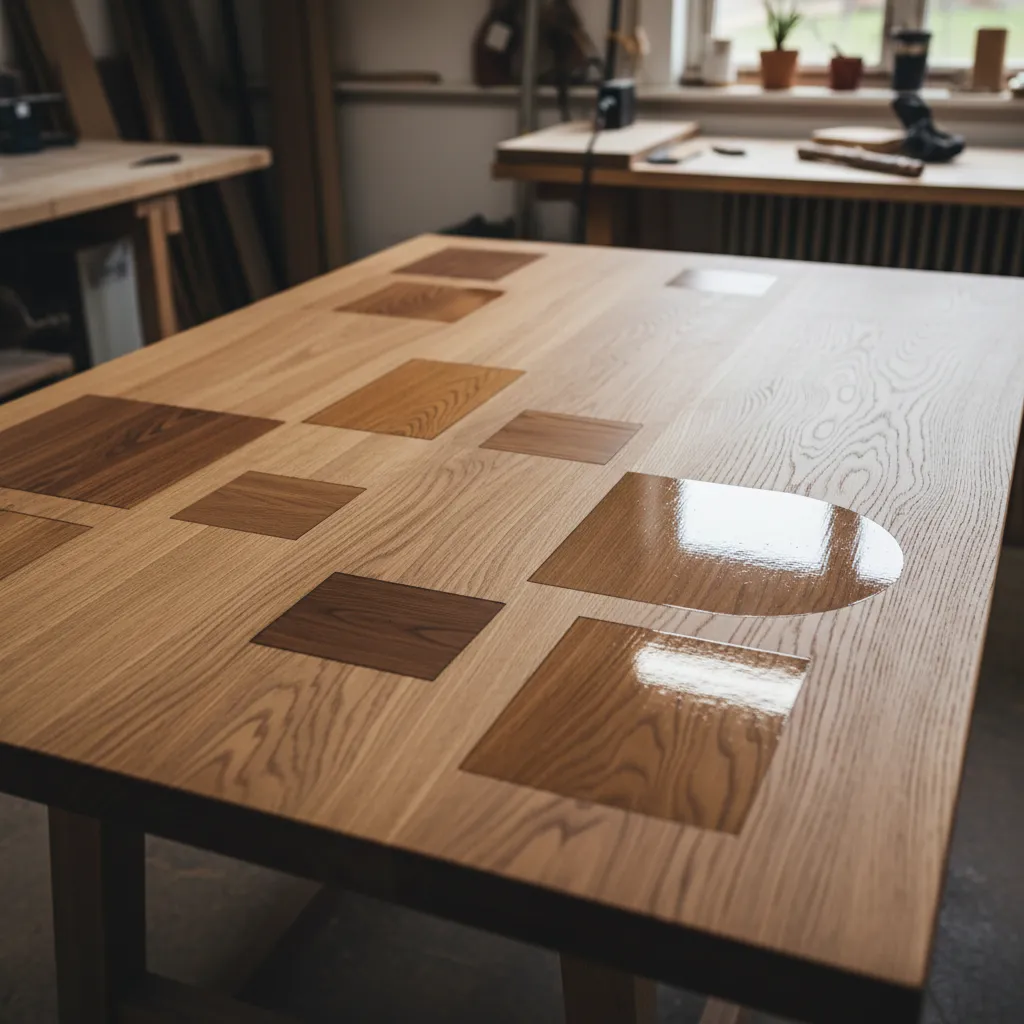 Different wood finish samples including stain polyurethane and oil on a wooden table