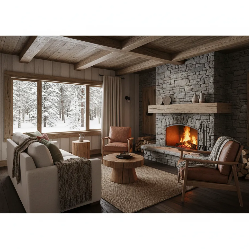 Small rustic living room with traditional wood burning fireplace