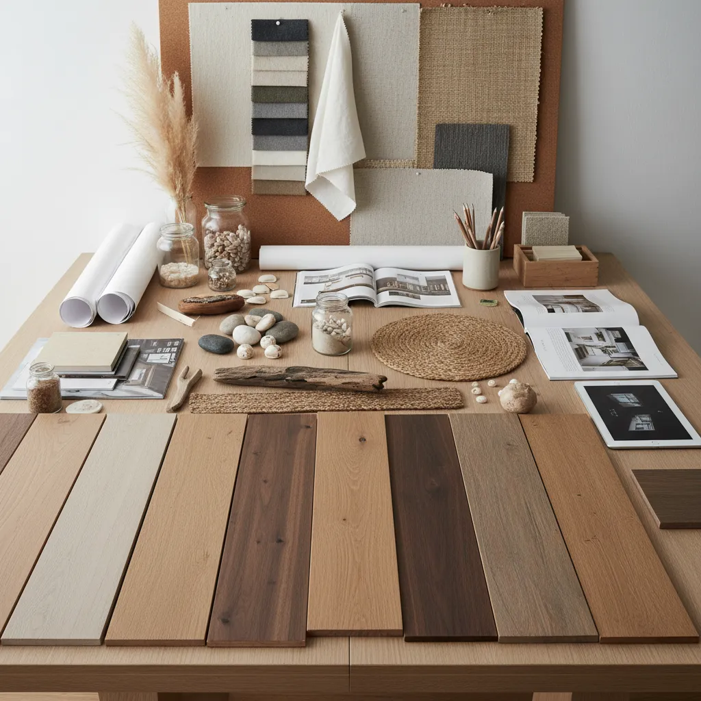 Paleta de colores combinada con suelo de madera antiguo