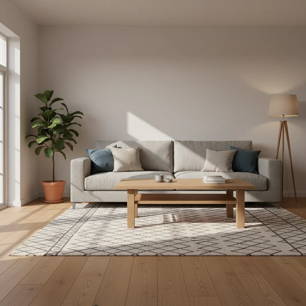 Warm living room interior with natural oak wooden flooring and cozy furniture