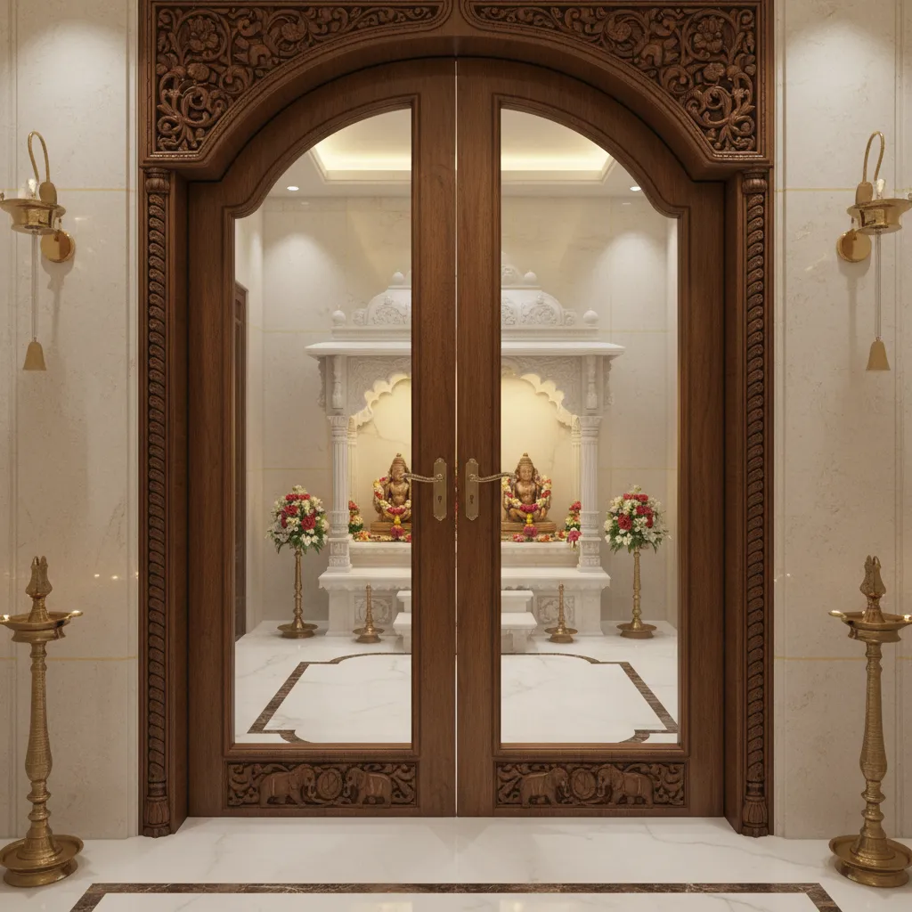 Traditional wooden frame double glass doors for a pooja room
