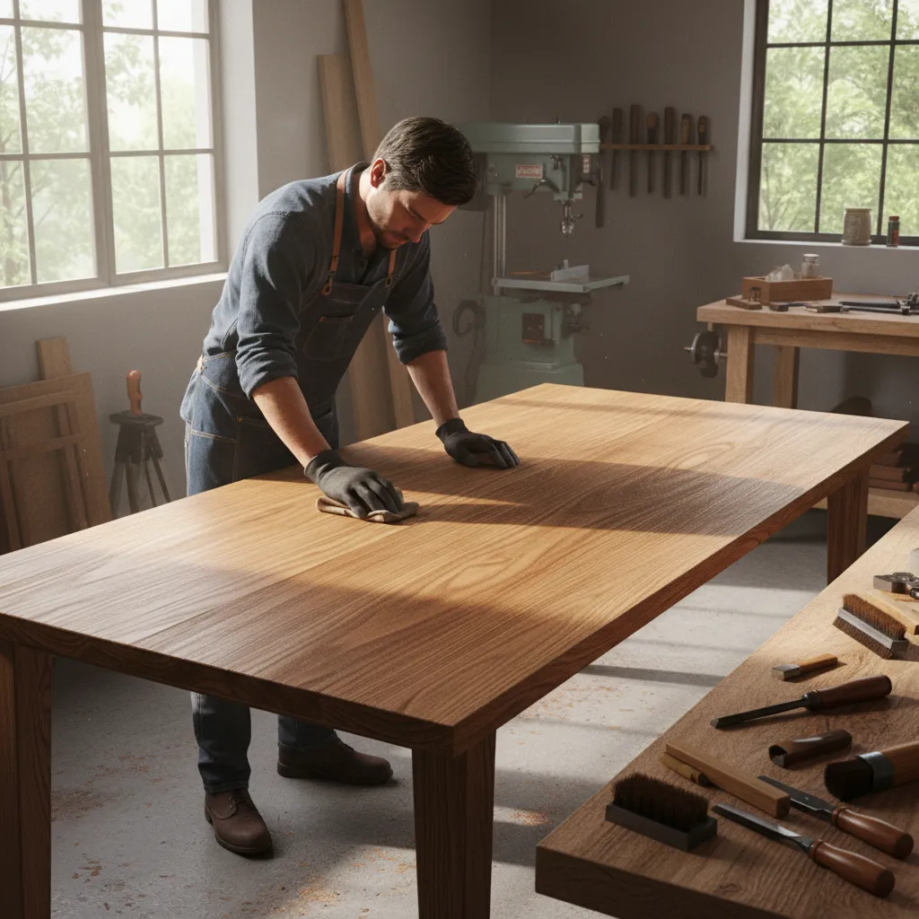 woodworker applying stain during furniture refinishing process
