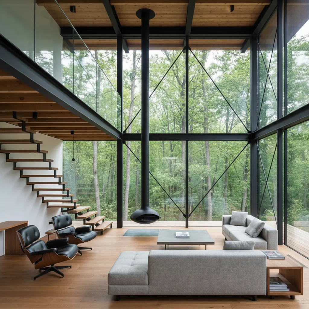 Interior moderno combinando madera con vidrio y acero