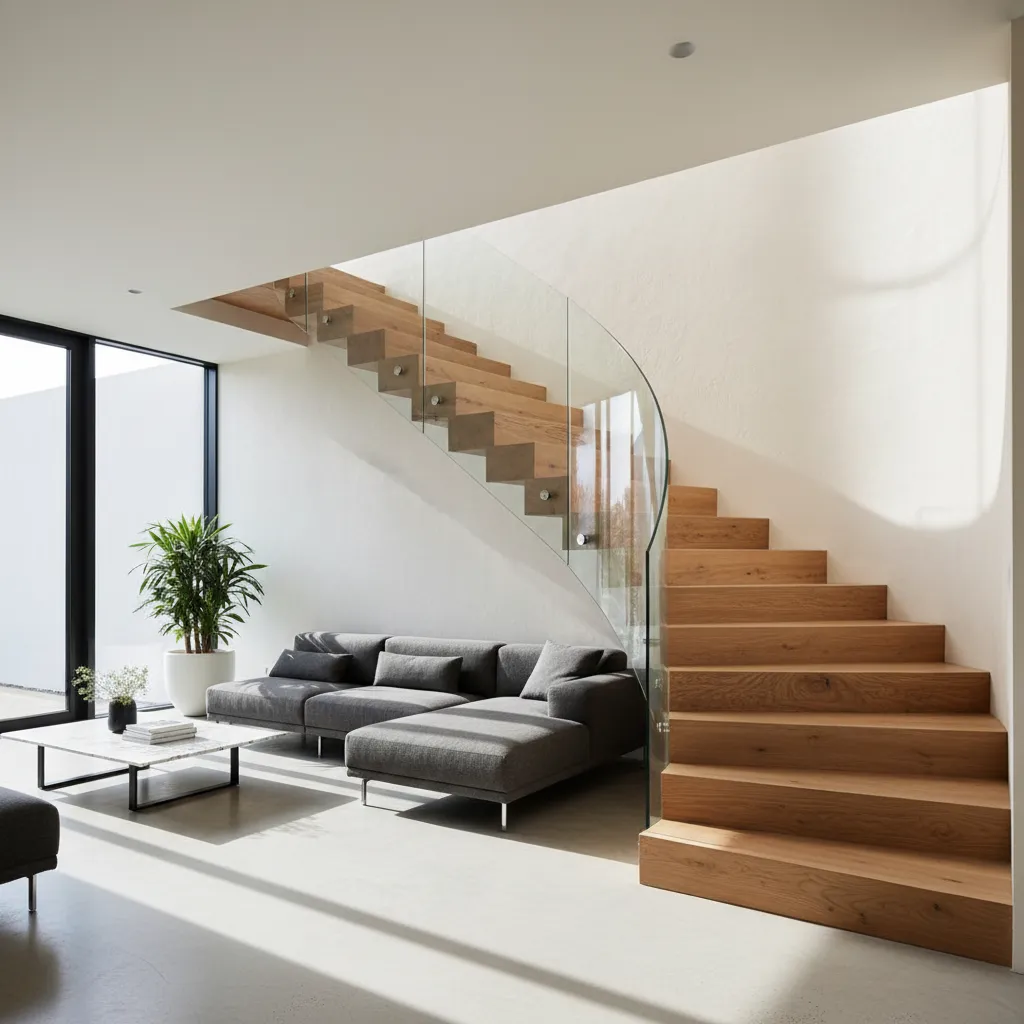 Curved wooden staircase with glass railing grey sofa marble coffee table and green potted plant