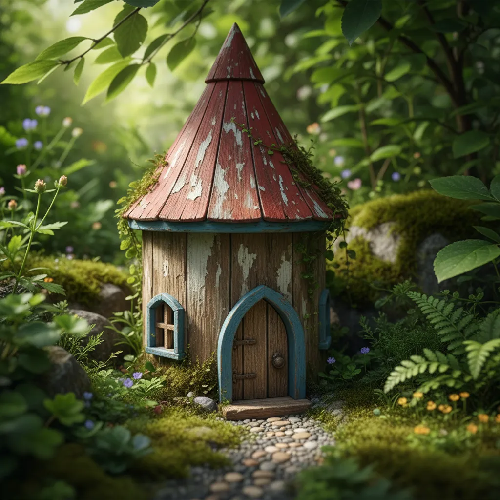 wooden gnome house showing weathering and moisture effects