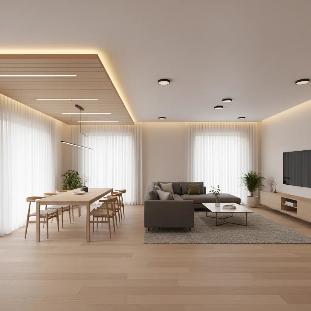 L shaped hall with wood panel ceiling above dining area and gypsum ceiling in living zone