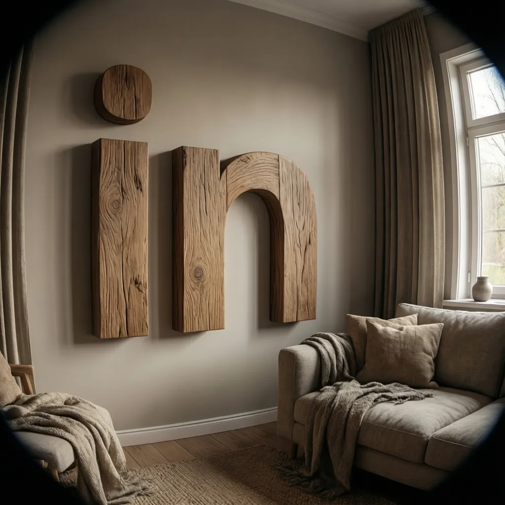 large wooden initial letter mounted on a cozy living room wall