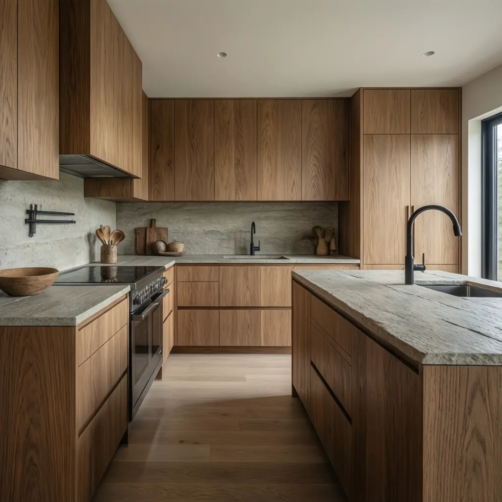 Cocina moderna combinando madera y piedra