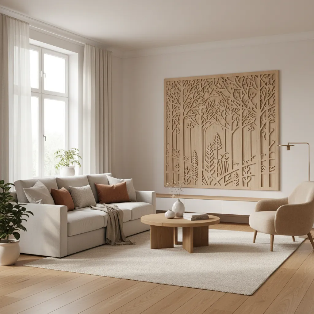 wood laser cut wall decor panel in a warm living room interior