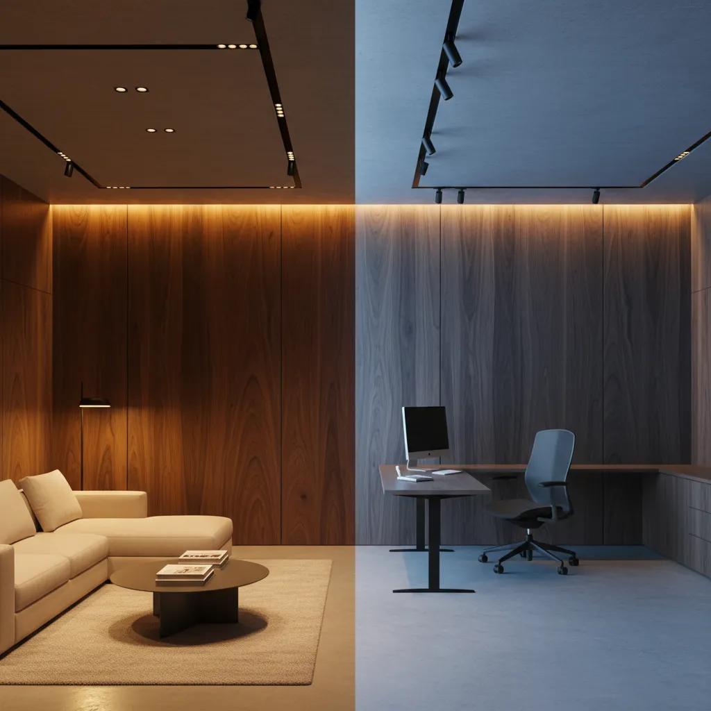 Interior mostrando cómo la iluminación afecta la madera