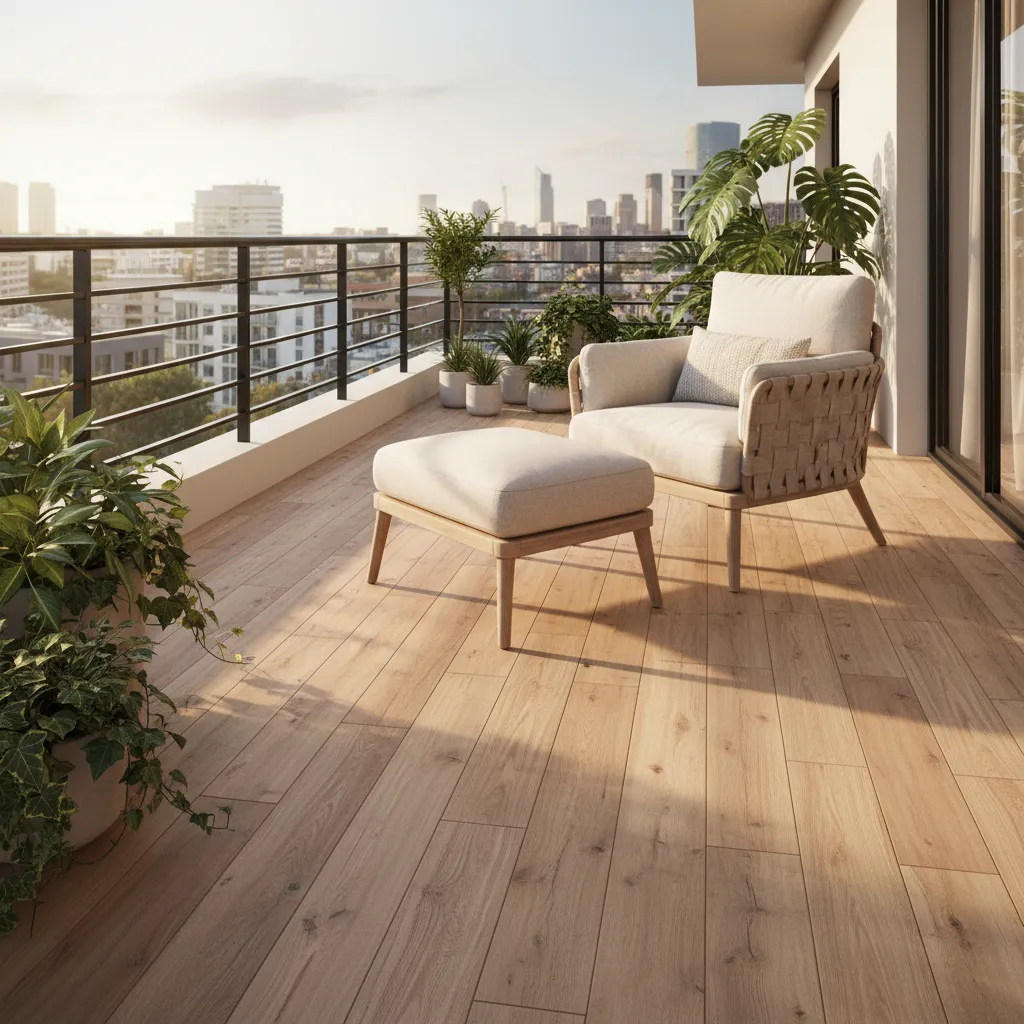 balcony with wood look porcelain floor tiles and lounge chair
