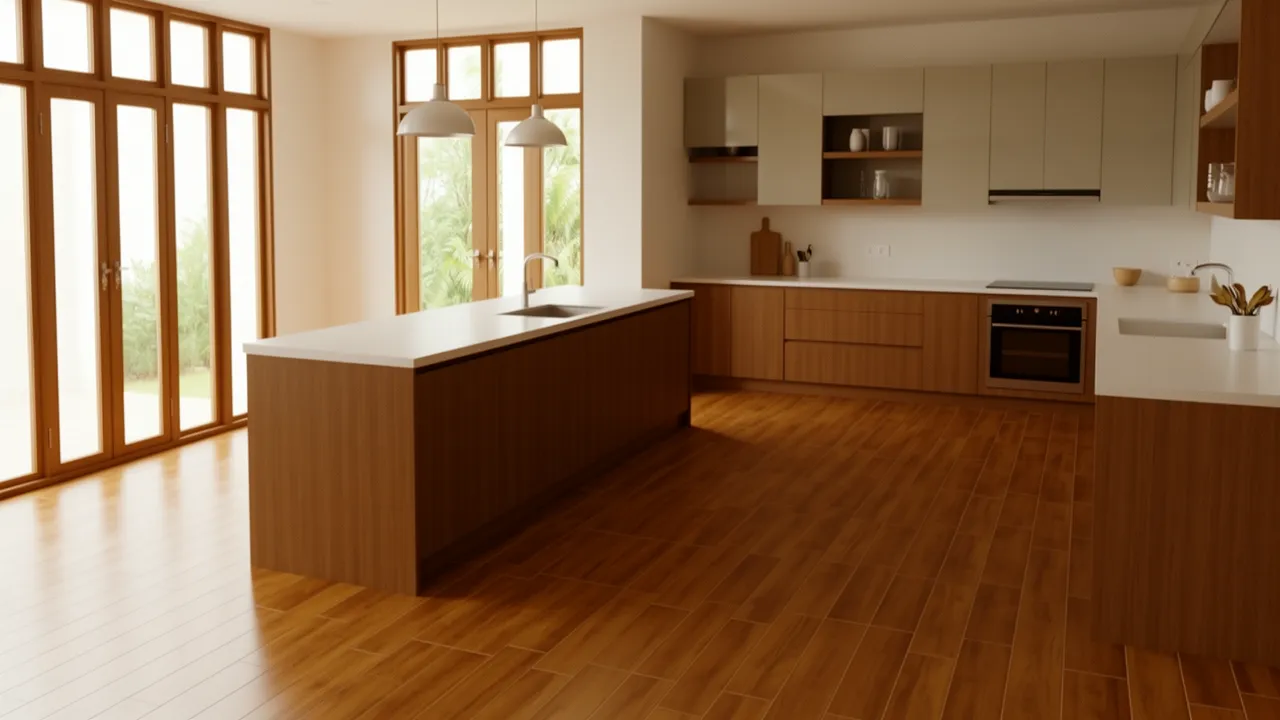 Wood look porcelain tiles used in a Kerala kitchen