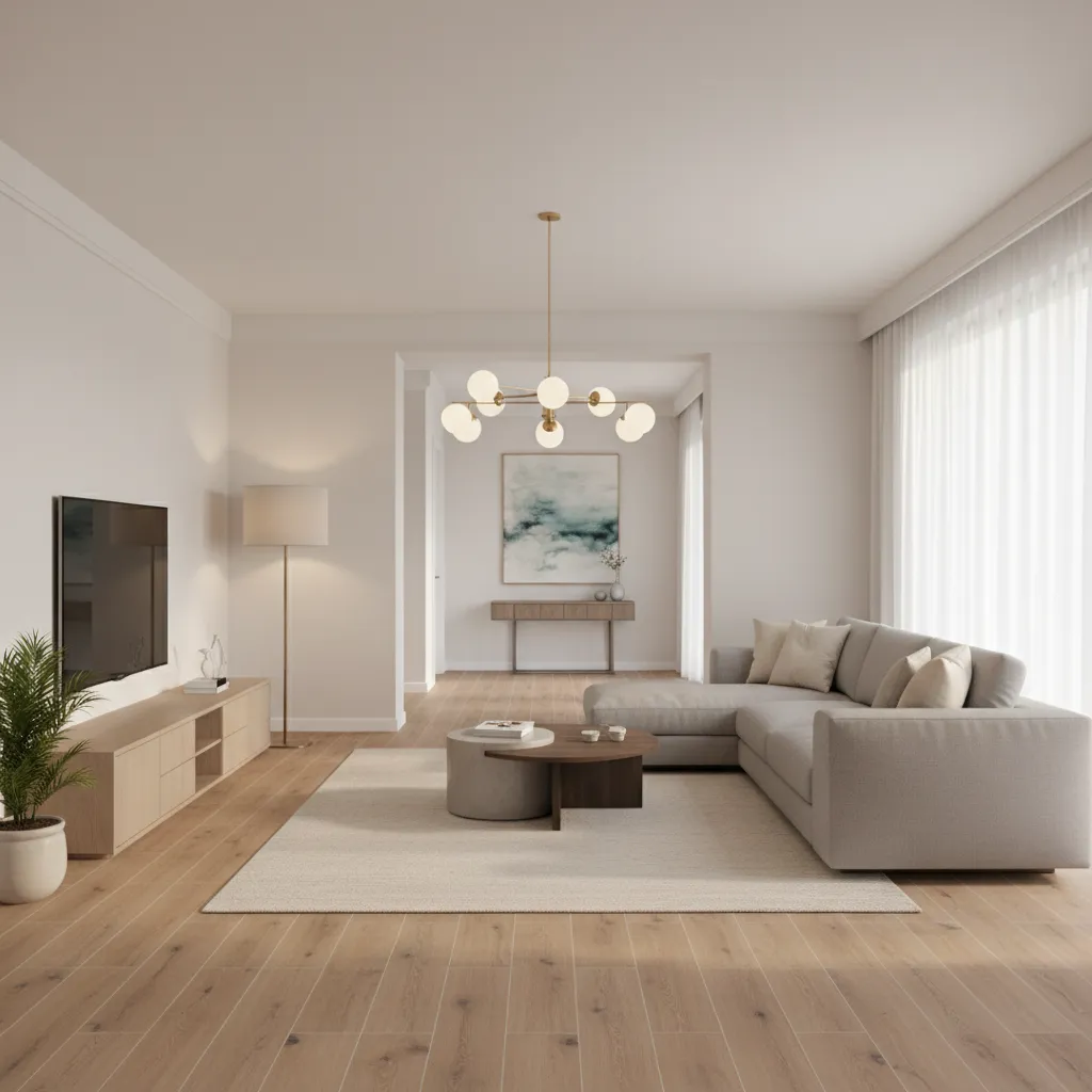 wood look porcelain tiles used in a modern open living hall