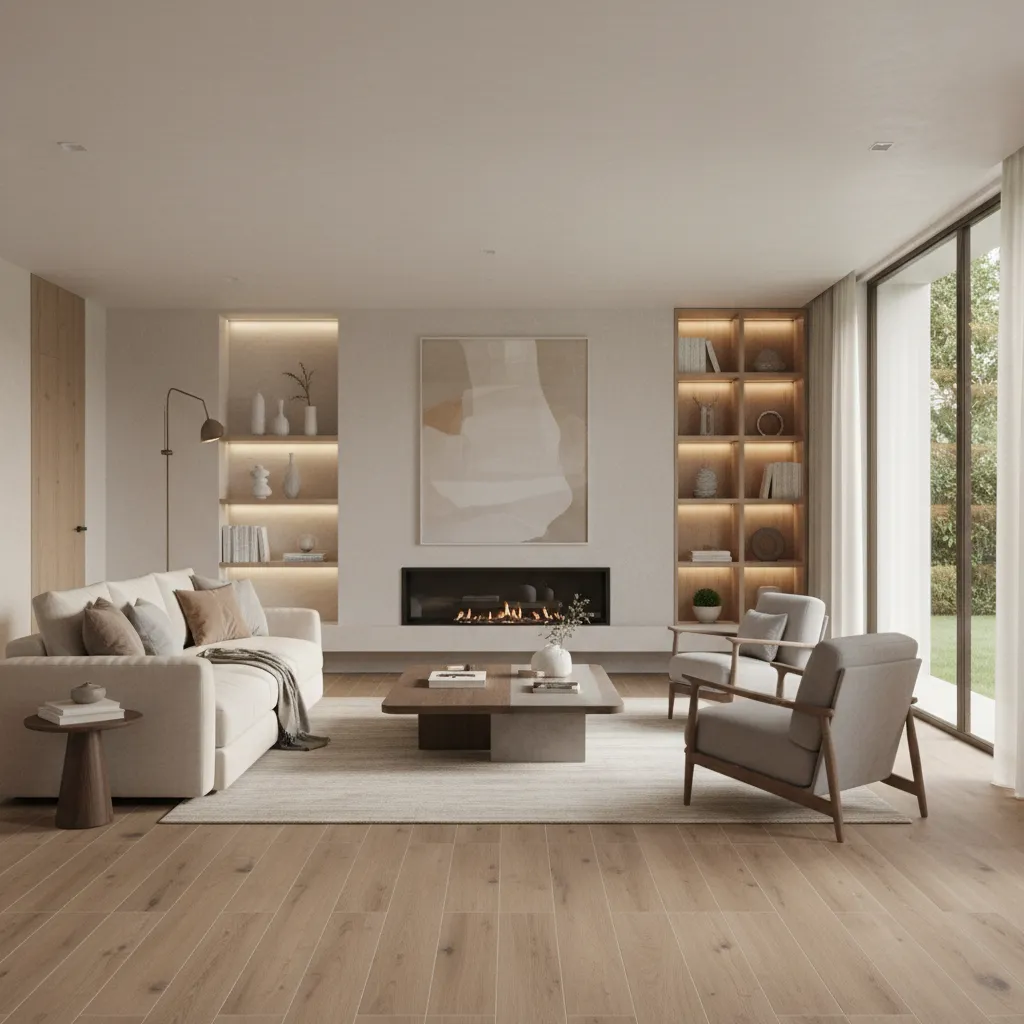 living room with wood look porcelain plank tiles