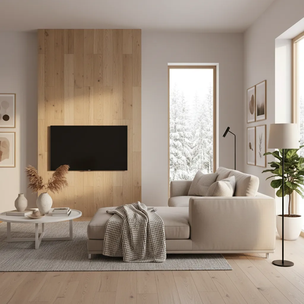Living room TV wall with vertical wood look porcelain tiles